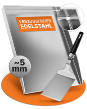 Laden Sie das Bild in den Galerie-Viewer, AMZBBQ® Premium Plancha Set - ca. 5 mm massiver Edelstahl - 20% stärker als herkömmliche Planchas - Grillplatte für Gas & Kohlegrill - Grillzubehör Geschenk für Männer inkl. Grillspachtel
