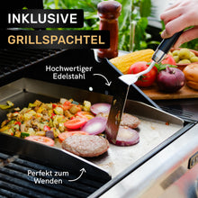 Laden Sie das Bild in den Galerie-Viewer, AMZBBQ® Premium Plancha Set - ca. 5 mm massiver Edelstahl - 20% stärker als herkömmliche Planchas - Grillplatte für Gas & Kohlegrill - Grillzubehör Geschenk für Männer inkl. Grillspachtel