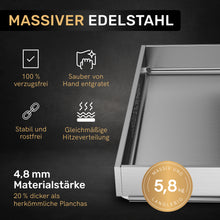 Laden Sie das Bild in den Galerie-Viewer, AMZBBQ® Premium Plancha Set - ca. 5 mm massiver Edelstahl - 20% stärker als herkömmliche Planchas - Grillplatte für Gas & Kohlegrill - Grillzubehör Geschenk für Männer inkl. Grillspachtel