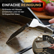Laden Sie das Bild in den Galerie-Viewer, AMZBBQ® Premium Plancha Set - ca. 5 mm massiver Edelstahl - 20% stärker als herkömmliche Planchas - Grillplatte für Gas & Kohlegrill - Grillzubehör Geschenk für Männer inkl. Grillspachtel