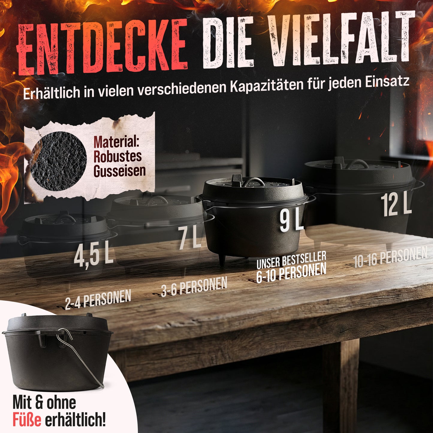AMZBBQ® Dutch Oven 9L – Gusseisen Feuertopf