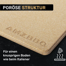 Laden Sie das Bild in den Galerie-Viewer, AMZBBQ® Premium Pizzastein - 100% Made in Germany - für Backofen & Gasgrill bis 1300°C - 3er Set inkl. Edelstahl Pizzaschieber & Rezeptbuch