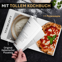 Laden Sie das Bild in den Galerie-Viewer, AMZBBQ® Premium Pizzastein - 100% Made in Germany - für Backofen & Gasgrill bis 1300°C - 3er Set inkl. Edelstahl Pizzaschieber & Rezeptbuch