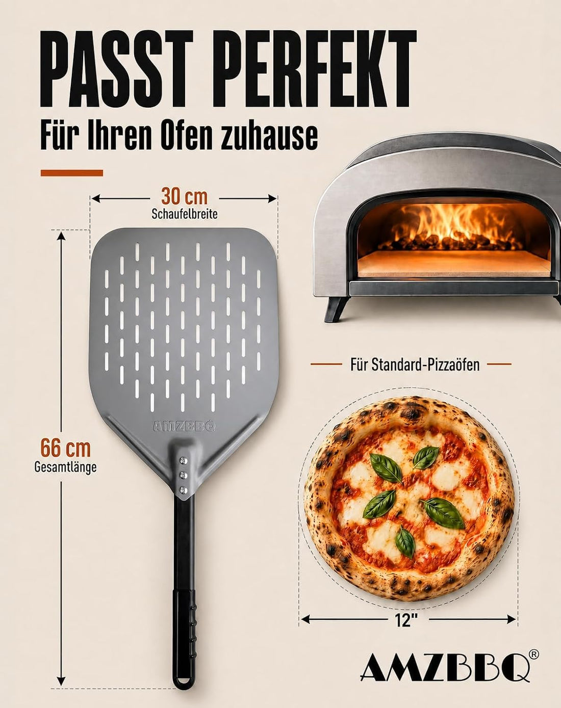 AMZBBQ Pizzaschieber 30 cm, passende Maßübersicht aus der aktuellen Amazon-Galerie