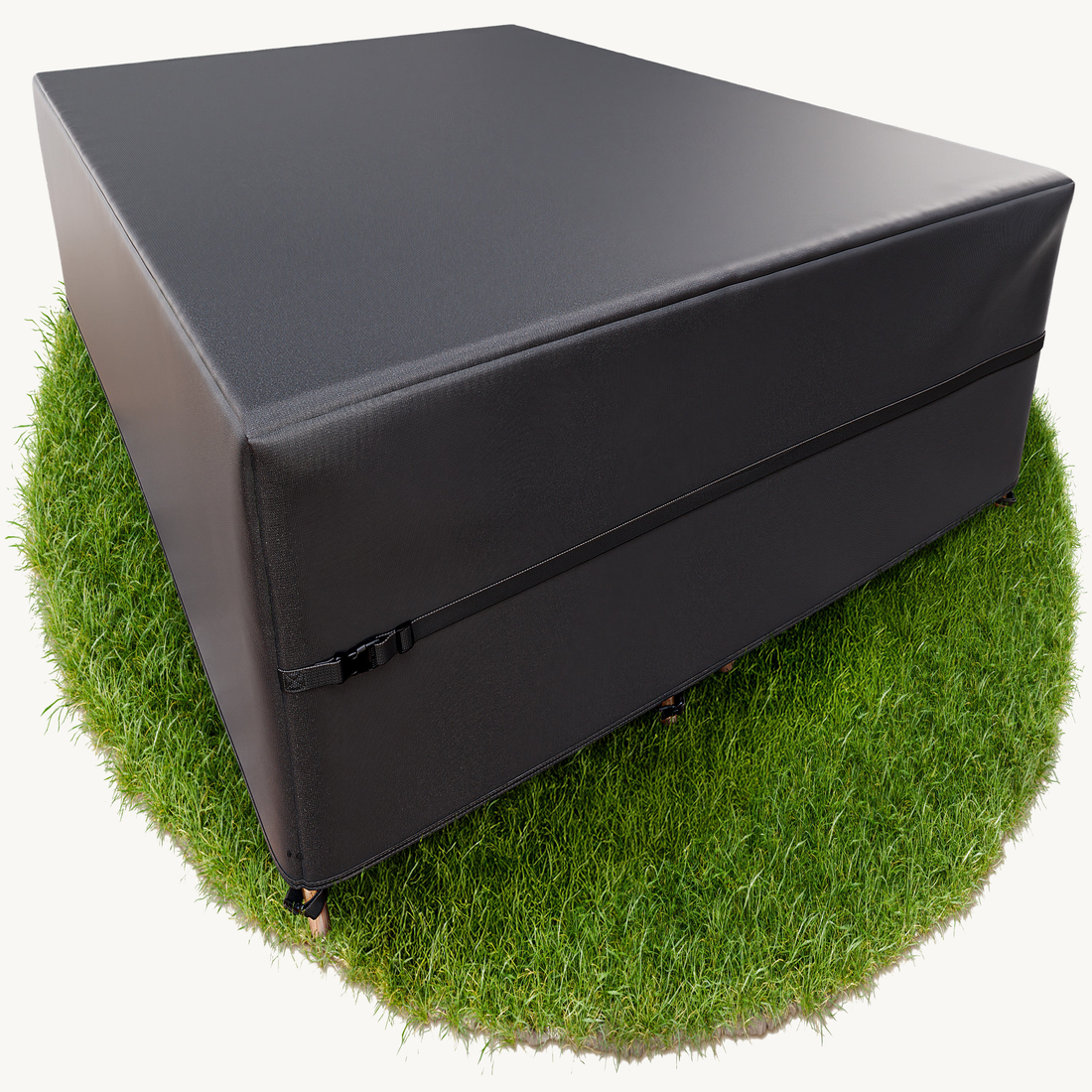 Gartenmöbelabdeckung mit vollständiger Grasfläche auf beigem Hintergrund