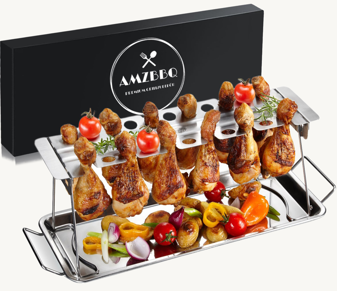 AMZBBQ Hähnchenschenkelhalter mit Verpackung und Gemüse vor beigem Hintergrund