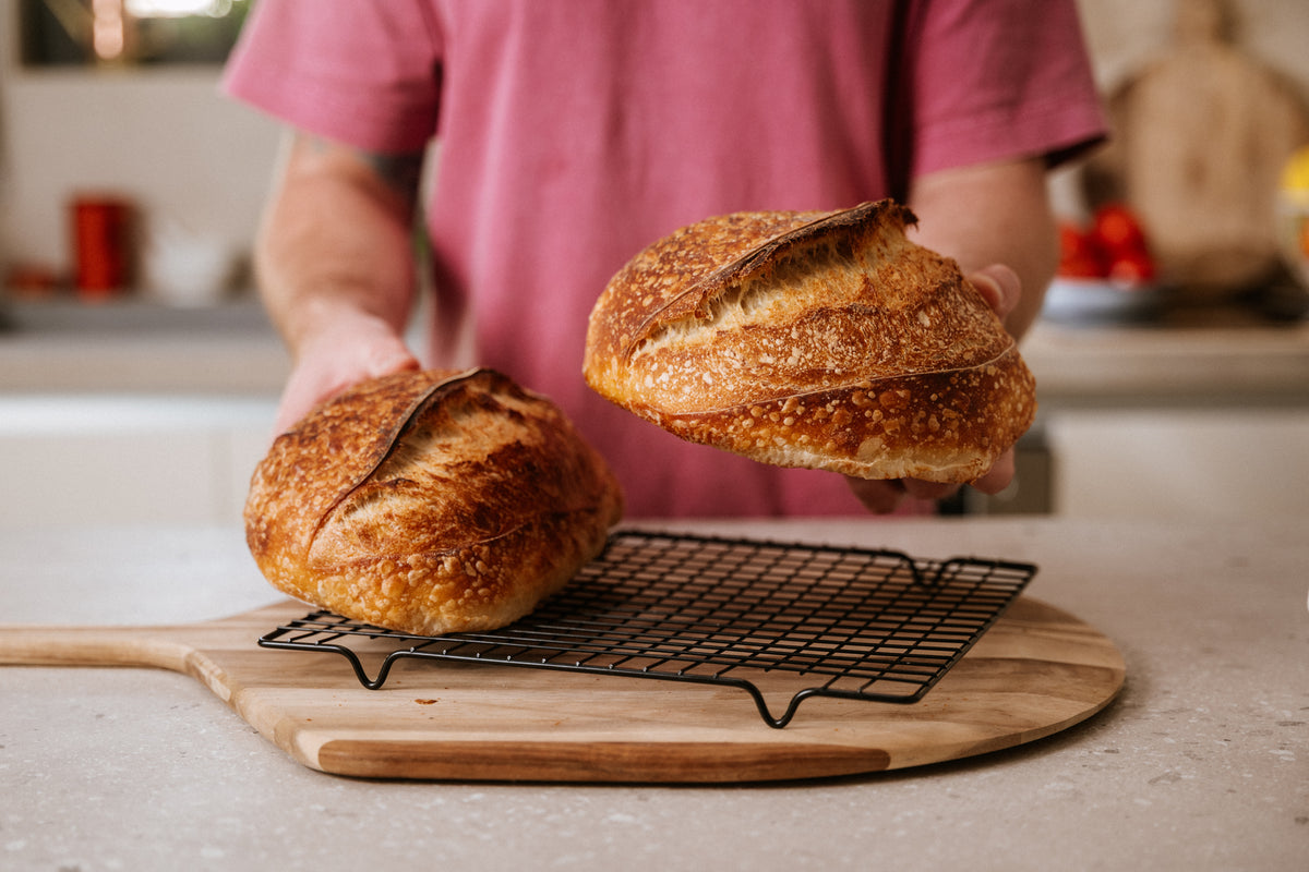 Zwei frisch gebackene Brote mit knuspriger Kruste auf einem Gitter