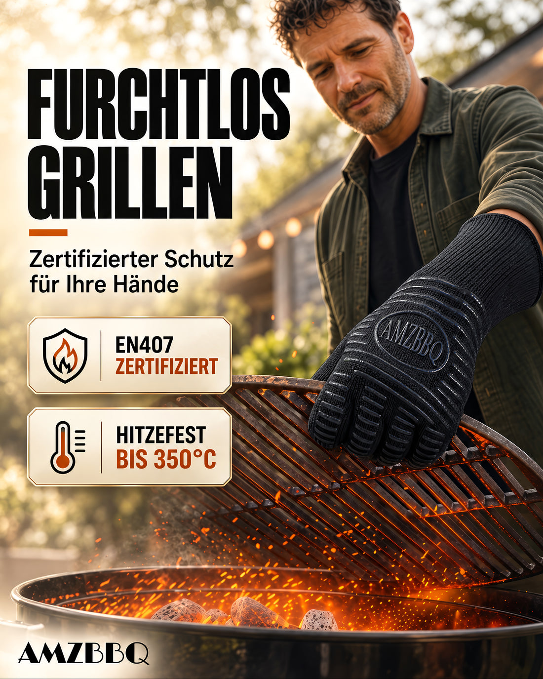 AMZBBQ Grillhandschuhe in der Anwendung am Grill