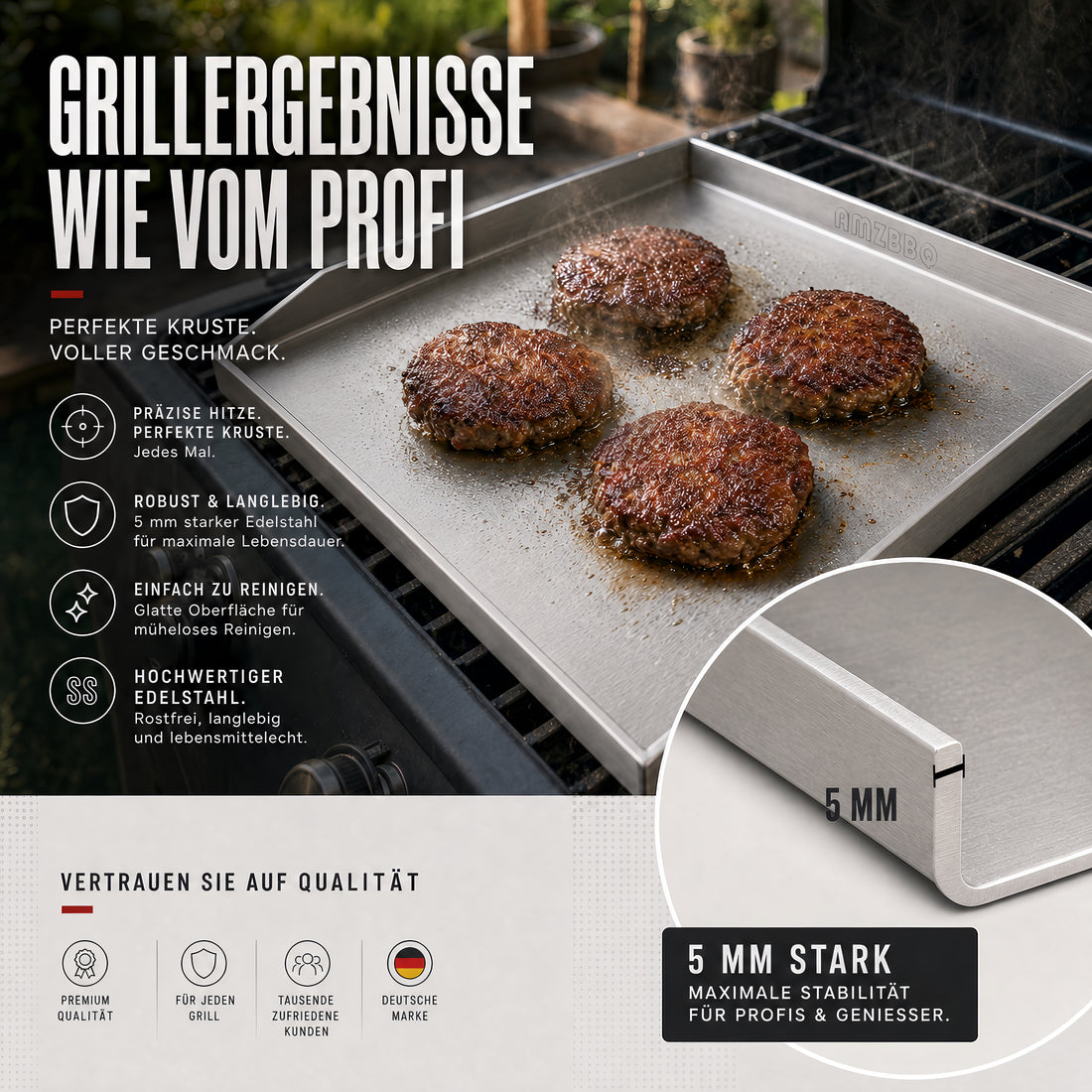 AMZBBQ Burger auf der geschlossenen Plancha ohne Ablauföffnung