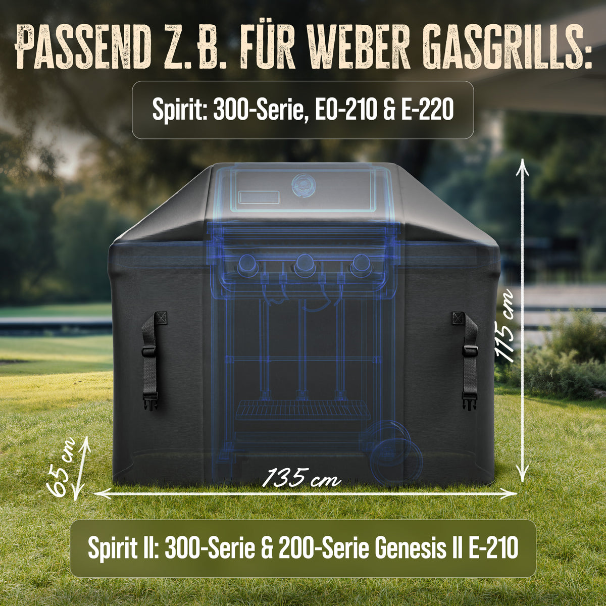 Maßgrafik einer AMZBBQ Grillabdeckung mit Breite 135, Tiefe 65 und Höhe 115 cm