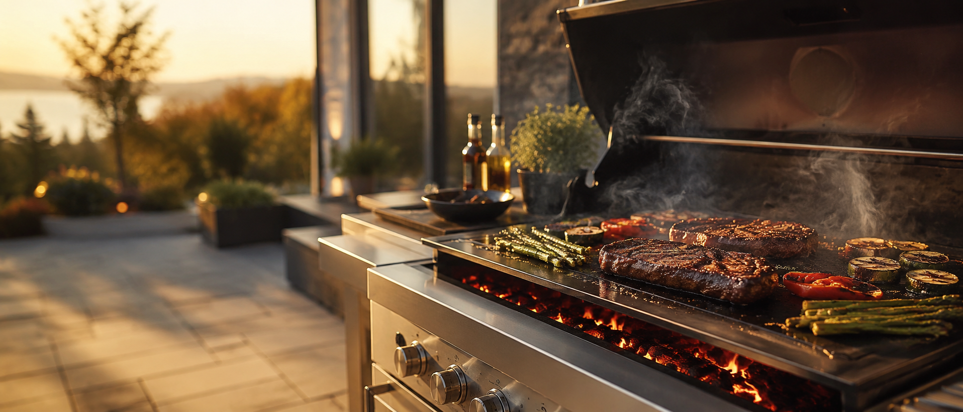 Grillabend im goldenen Abendlicht – Steaks und Gemüse auf der Plancha