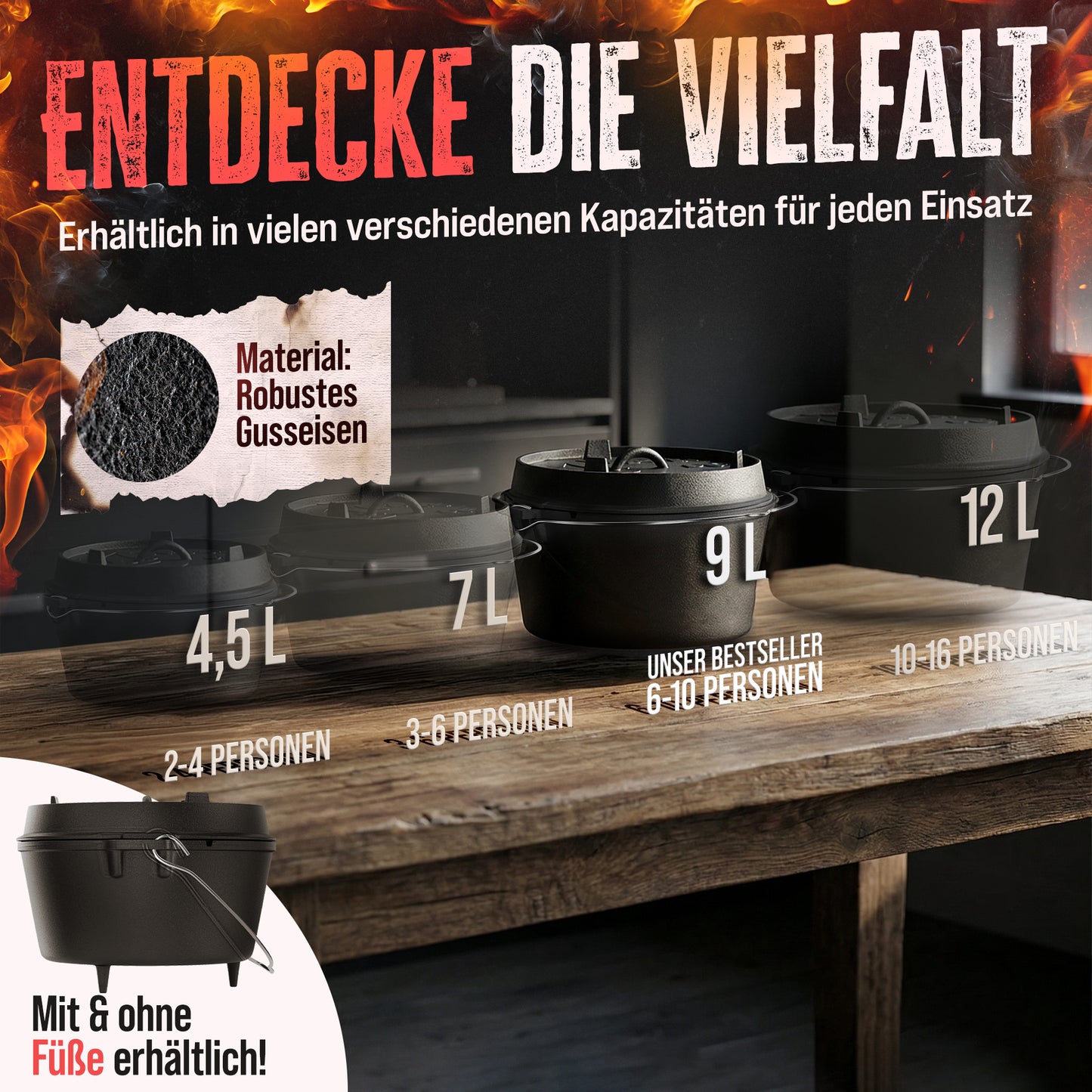AMZBBQ® Dutch Oven 9L – Gusseisen Feuertopf