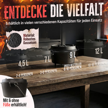 AMZBBQ® Dutch Oven 9L – Gusseisen Feuertopf