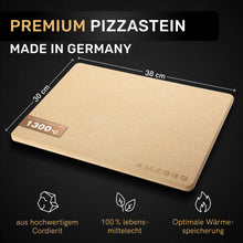 Laden Sie das Bild in den Galerie-Viewer, AMZBBQ® Premium Pizzastein - 100% Made in Germany - für Backofen &amp; Gasgrill bis 1300°C - 3er Set inkl. Edelstahl Pizzaschieber &amp; Rezeptbuch
