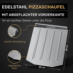 AMZBBQ® Premium Pizzastein - 100% Made in Germany - für Backofen & Gasgrill bis 1300°C - 3er Set inkl. Edelstahl Pizzaschieber & Rezeptbuch