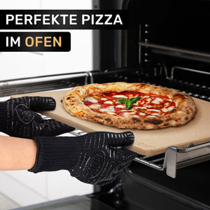 AMZBBQ® Premium Pizzastein - 100% Made in Germany - für Backofen & Gasgrill bis 1300°C - 3er Set inkl. Edelstahl Pizzaschieber & Rezeptbuch