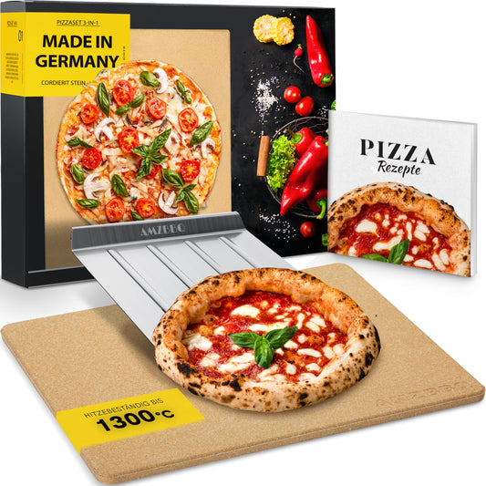 AMZBBQ® Premium Pizzastein - 100% Made in Germany - für Backofen & Gasgrill bis 1300°C - 3er Set inkl. Edelstahl Pizzaschieber & Rezeptbuch