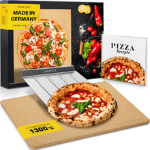 Laden Sie das Bild in den Galerie-Viewer, AMZBBQ® Premium Pizzastein - 100% Made in Germany - für Backofen &amp; Gasgrill bis 1300°C - 3er Set inkl. Edelstahl Pizzaschieber &amp; Rezeptbuch
