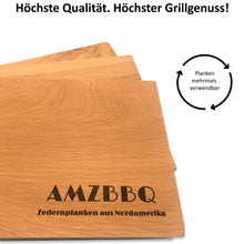 Laden Sie das Bild in den Galerie-Viewer, AMZBBQ® Premium Grillplanken - 100% Zedernholz aus Nordamerika - 28 x 14 cm Räucherbretter für Lachs &amp; Fleisch…

